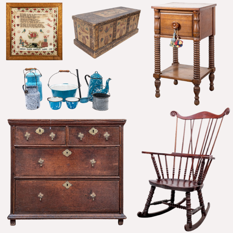 Examples of Colonial, primitive, and early Americana includes furniture, enamelware, needlepoint sampler, and a decorated box